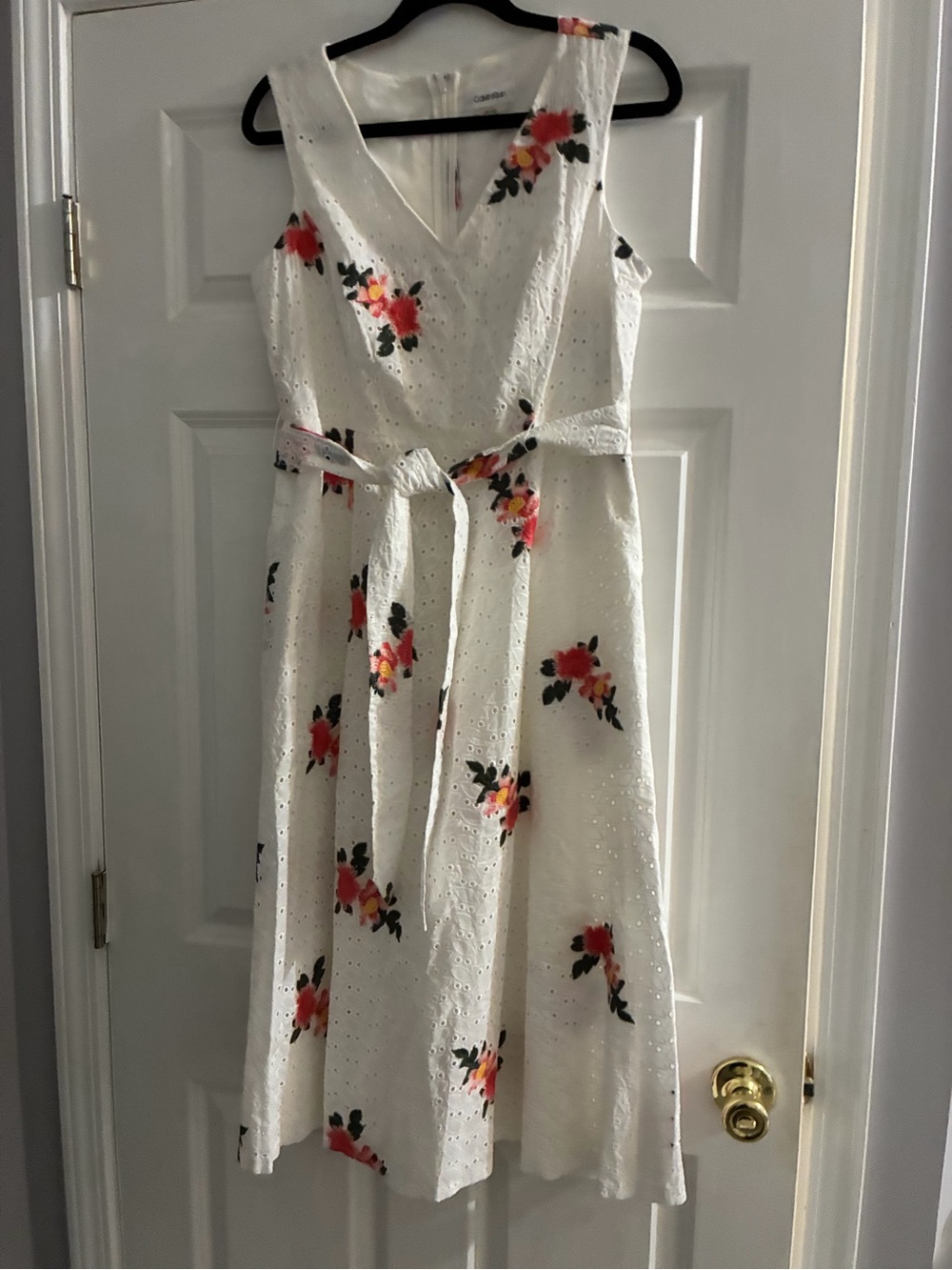 Calvin Klein White Eyelet Midi Dress with Red Floral Print and Belt, BEAUTIFUL